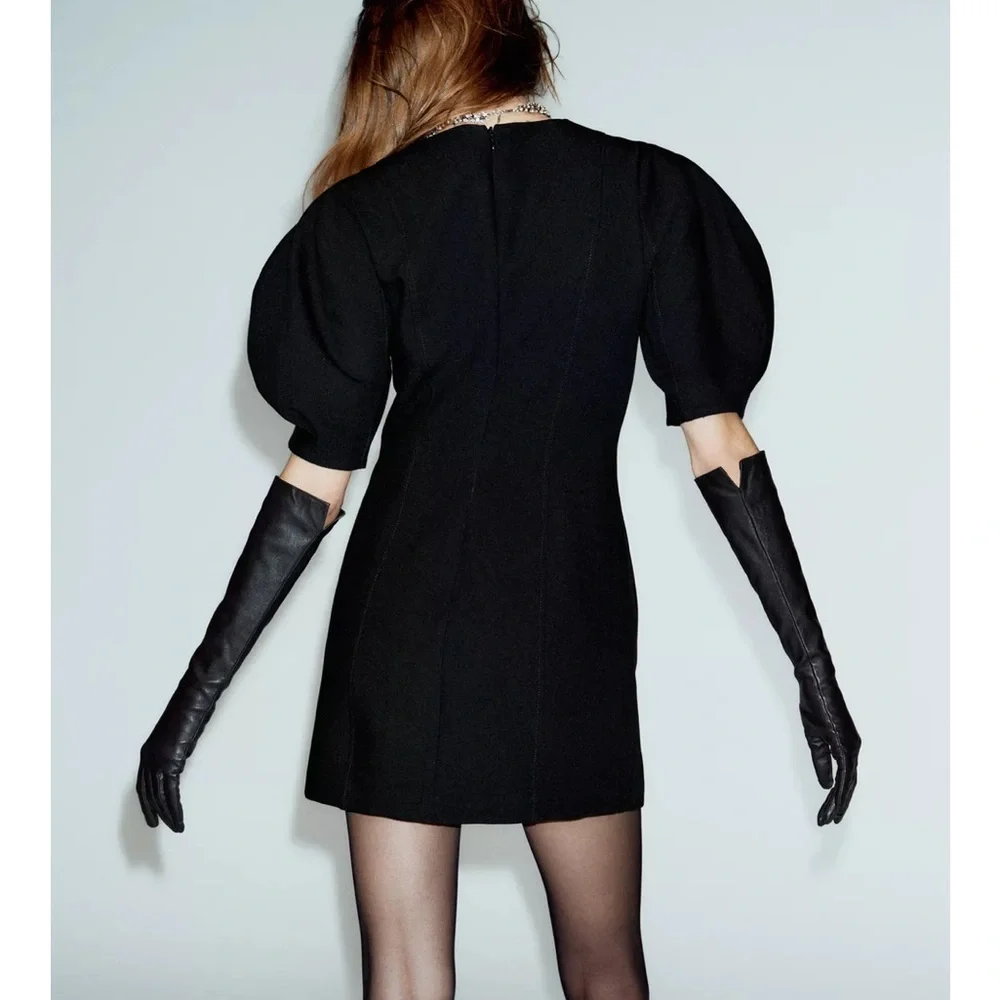 Zara NWT black balloon puff sleeve mini dress - Picture 10 of 14